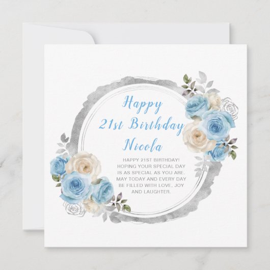ほこりっぽい青い銀エレガントの花誕生会 カード (正面)