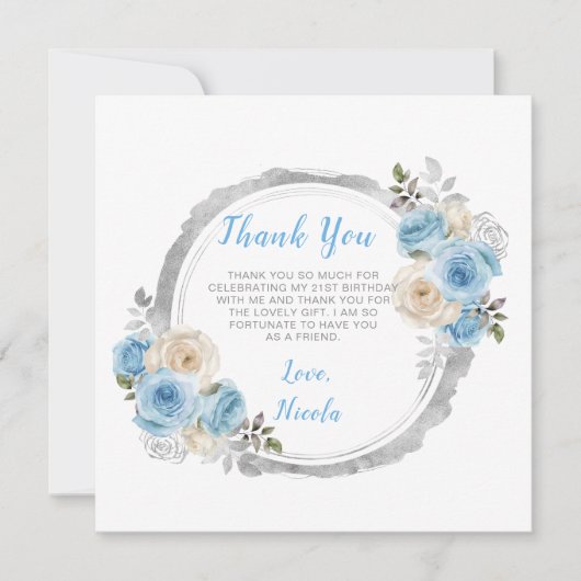 ほこりっぽい青い銀エレガントの花誕生会 サンキューカード (正面)
