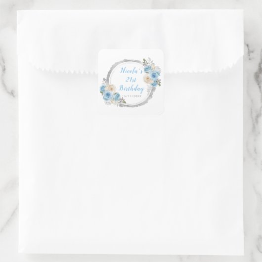 ほこりっぽい青い銀エレガントの花誕生会 スクエアシール (バッグ)