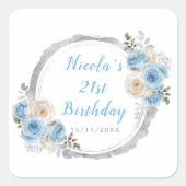 ほこりっぽい青い銀エレガントの花誕生会 スクエアシール (正面)