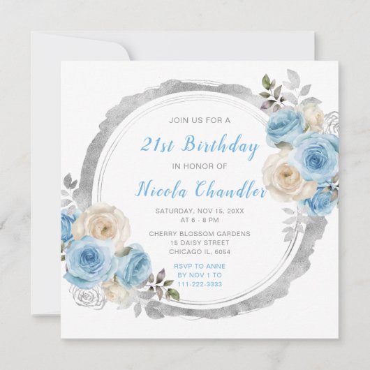 ほこりっぽい青い銀エレガントの花誕生会 招待状 (正面)