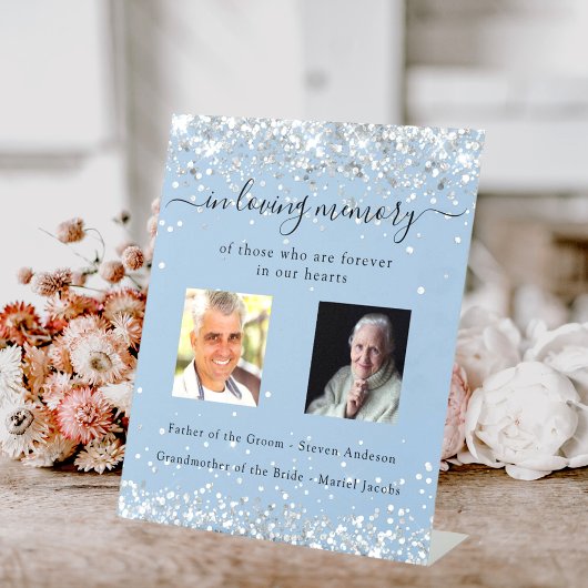 ほこりっぽい青い銀結婚色の写真の記念 台座サイン