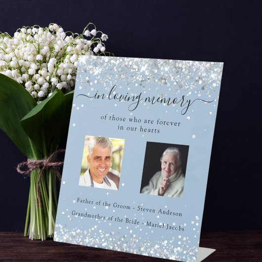 ほこりっぽい青い銀結婚色の写真の記念 台座サイン