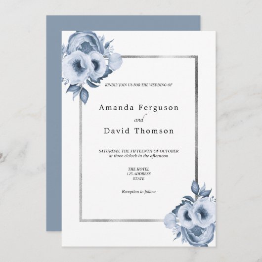 ほこりっぽい青い銀色の花模様結婚ズ 招待状 (正面/裏面)