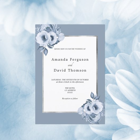 ほこりっぽい青い銀色の花模様結婚ズ 招待状