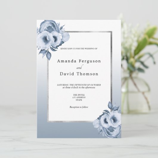 ほこりっぽい青い銀色の花模様結婚ズ 招待状 (スタンド正面)