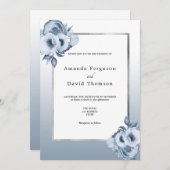 ほこりっぽい青い銀色の花模様結婚ズ 招待状 (正面/裏面)