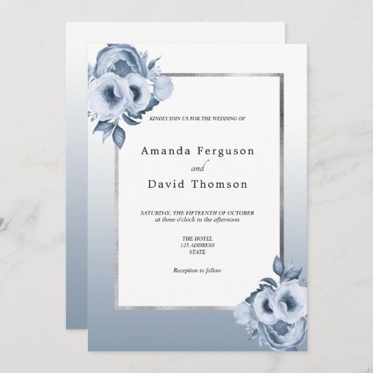 ほこりっぽい青い銀色の花模様結婚ズ 招待状 (正面/裏面)