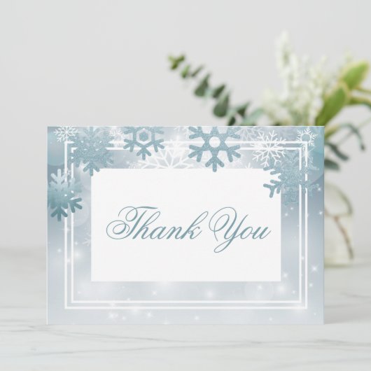 ほこりっぽい青い雪モダン片結婚の サンキューカード (スタンド正面)