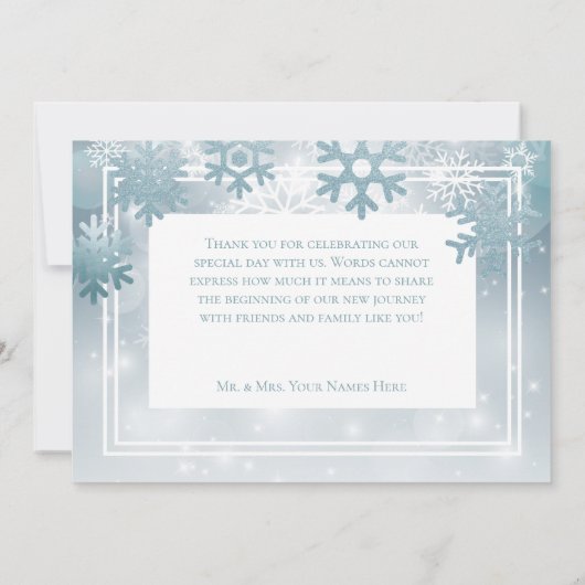 ほこりっぽい青い雪モダン片結婚の サンキューカード (裏面)