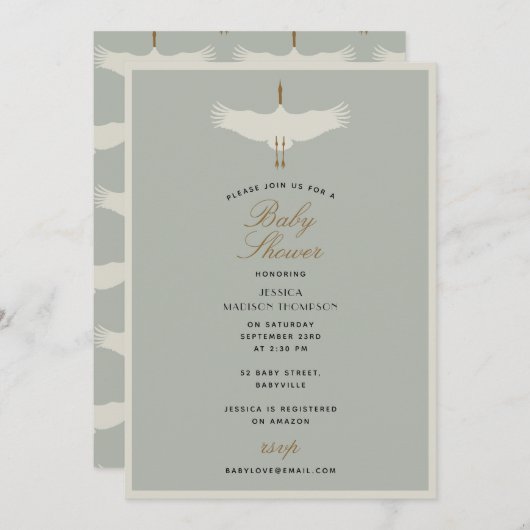 ほこりっぽい青い鳥の白鳥アールデコ赤ちゃんシャワー 招待状 (正面/裏面)