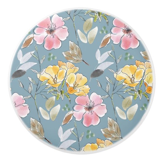 ほこりっぽい青い黄色の花ピンクの花柄 セラミックノブ (正面)