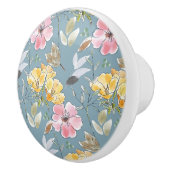 ほこりっぽい青い黄色の花ピンクの花柄 セラミックノブ (右)