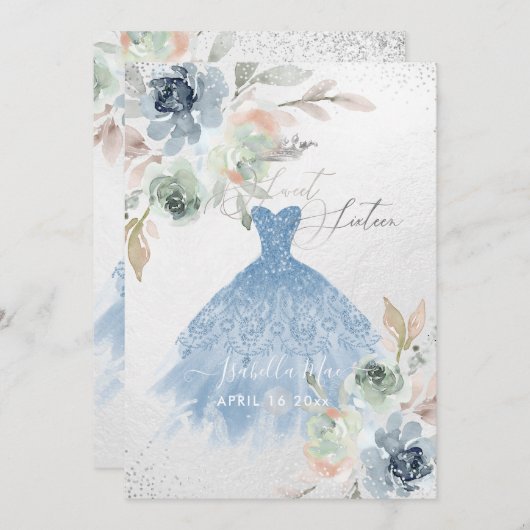 ほこりっぽい青いSweet sixteenドレス水色の花 招待状 (正面/裏面)