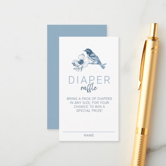 ほこりっぽい青おむつラッフルカード – フローラベビーシャワー エンクロージャーカード (正面/裏面インサイチュ)