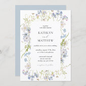 ほこりっぽい青お洒落モダン野結婚花 招待状