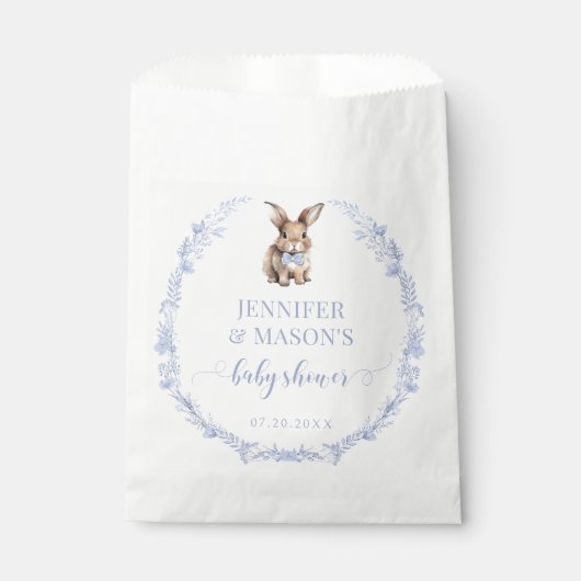 ほこりっぽい青かわいいウサギ復活祭男の赤ちゃんシャワー フェイバーバッグ (正面)