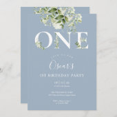 ほこりっぽい青かわいいフローラ緑1歳の誕生日 招待状 (正面/裏面)