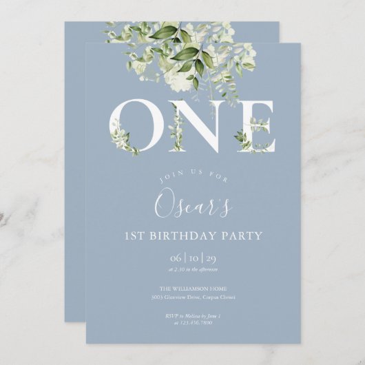 ほこりっぽい青かわいいフローラ緑1歳の誕生日 招待状 (正面/裏面)