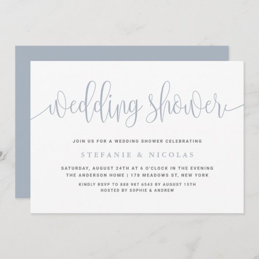 ほこりっぽい青かわいらし書道ウェディングシャワー 招待状 (正面/裏面)