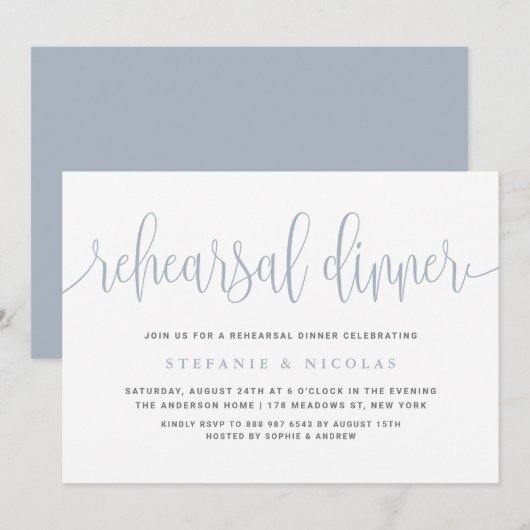 ほこりっぽい青かわいらし書道リハーサルディナー 招待状 (正面/裏面)