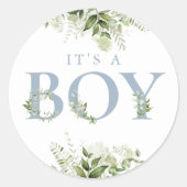 ほこりっぽい青その男の子の緑のフローラ赤ちゃんシャワー ラウンドシール (正面)