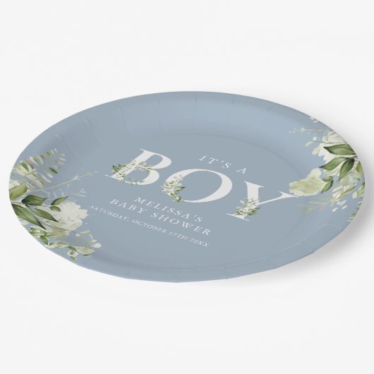 ほこりっぽい青その男の子の緑の手紙の赤ちゃんシャワー ペーパープレート (アングル)