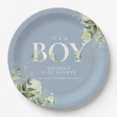 ほこりっぽい青その男の子の緑の手紙の赤ちゃんシャワー ペーパープレート (正面)
