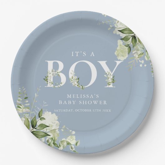 ほこりっぽい青その男の子の緑の手紙の赤ちゃんシャワー ペーパープレート (正面)