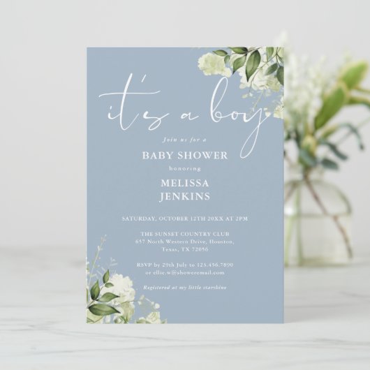 ほこりっぽい青その男の子の緑の赤ちゃんシャワー 招待状 (スタンド正面)