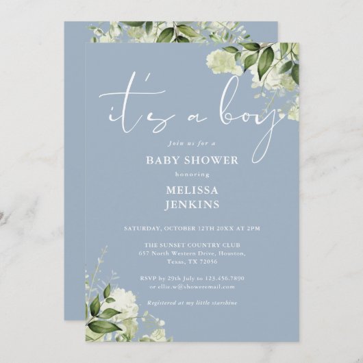 ほこりっぽい青その男の子の緑の赤ちゃんシャワー 招待状 (正面/裏面)