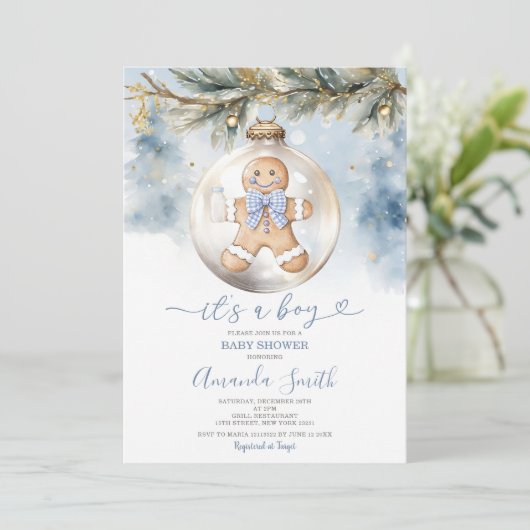 ほこりっぽい青その男の子クッキークリスマスの赤ちゃんシャワー 招待状 (スタンド正面)