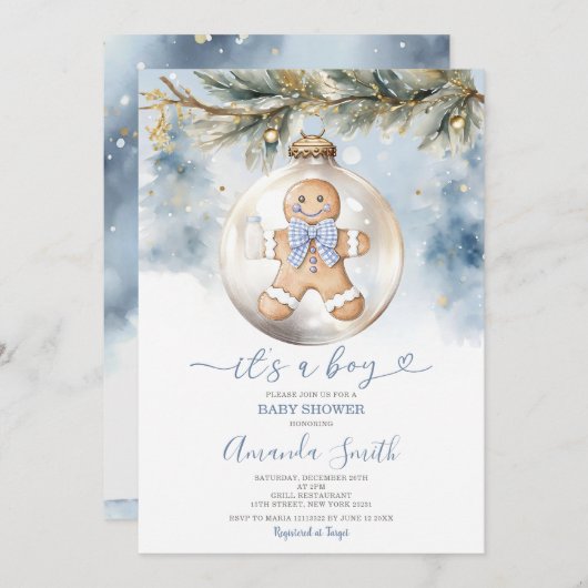 ほこりっぽい青その男の子クッキークリスマスの赤ちゃんシャワー 招待状 (正面/裏面)