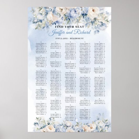 ほこりっぽい青とアイボリーの花アルファベットの座席 ポスター (正面)