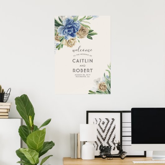 ほこりっぽい青とアイボリーの花 ポスター (ホームオフィス)