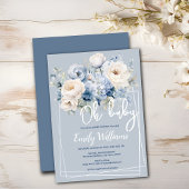 ほこりっぽい青とアイボリーフローラの赤ちゃんシャワーの招待状 招待状