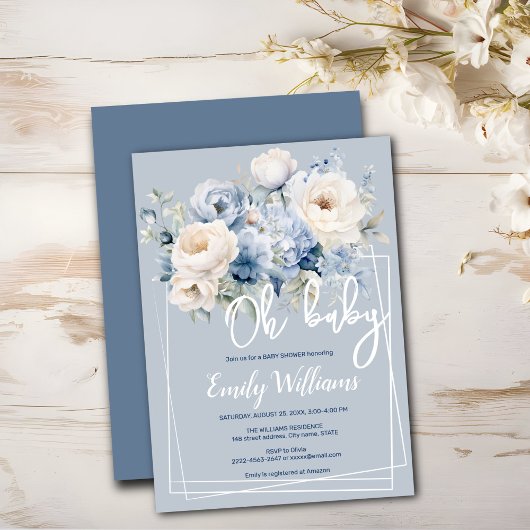 ほこりっぽい青とアイボリーフローラの赤ちゃんシャワーの招待状 招待状