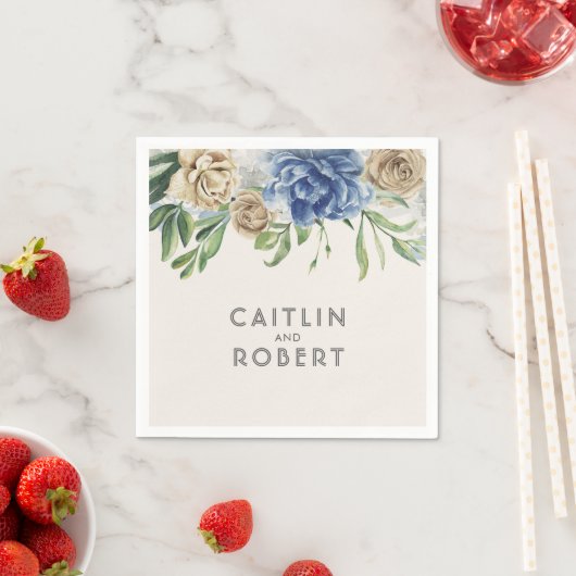 ほこりっぽい青とアイボリーヴィンテージ結婚の花 スタンダードカクテルナプキン (インサイチュ)