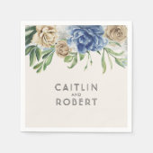 ほこりっぽい青とアイボリーヴィンテージ結婚の花 スタンダードカクテルナプキン (正面)