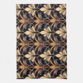 ほこりっぽい青とオレンジのアールデコ キッチンタオル (縦)