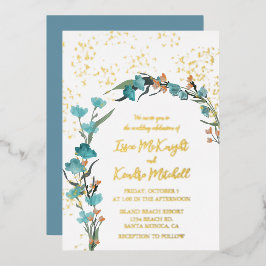 ほこりっぽい青とオレンジ色の水色フローラアーチ 箔招待状