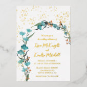 ほこりっぽい青とオレンジ色の水色フローラアーチ 箔招待状 (正面)