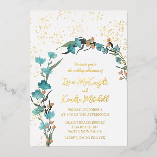 ほこりっぽい青とオレンジ色の水色フローラアーチ 箔招待状 (正面)