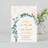 ほこりっぽい青とオレンジ色の水色フローラアーチ 箔招待状 (立ち正面)