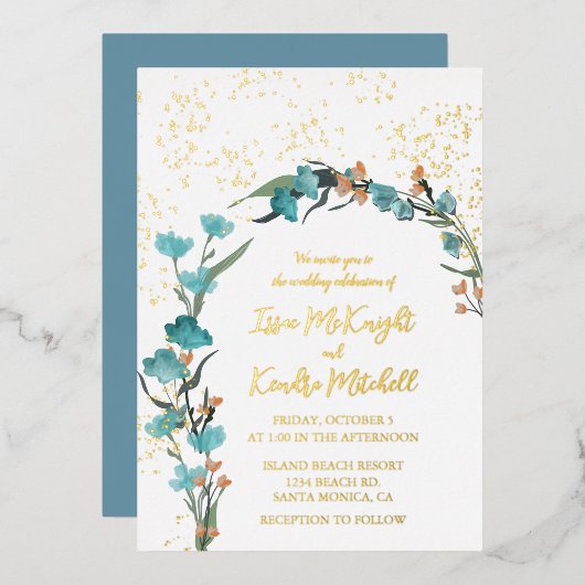 ほこりっぽい青とオレンジ色の水色フローラアーチ 箔招待状 (正面/裏面)