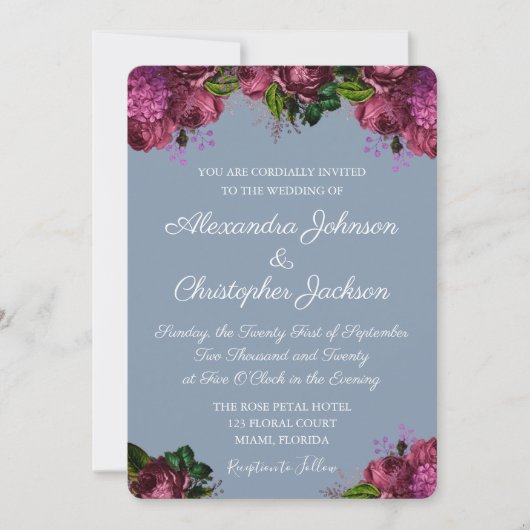 ほこりっぽい青とクランベリーブルゴーニュ結婚ーズ 招待状 (正面)