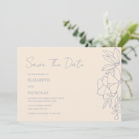 ほこりっぽい青とクリームフローラクラシック日付を保存 セーブザデート (スタンド正面)