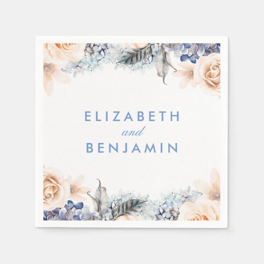 ほこりっぽい青とソフトピーチ結婚フローラ スタンダードカクテルナプキン (正面)
