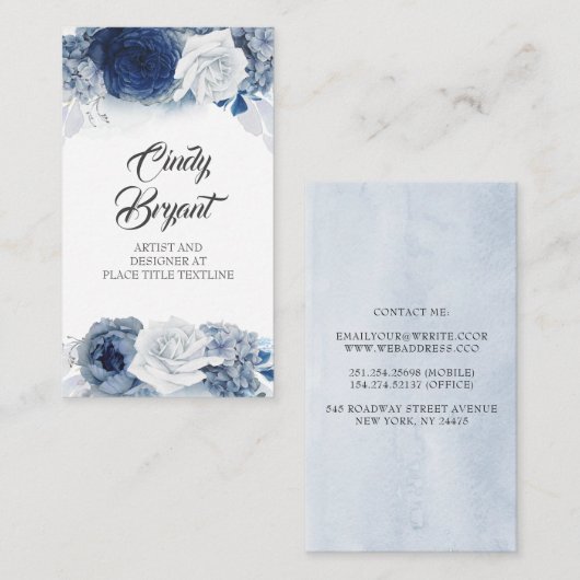 ほこりっぽい青とネイビーブルーのエレガント花 名刺 (正面/裏面)