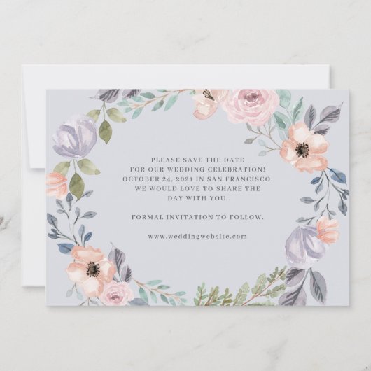 ほこりっぽい青とバラの幾何学的フローラ | 2枚の写真 セーブザデート (裏面)